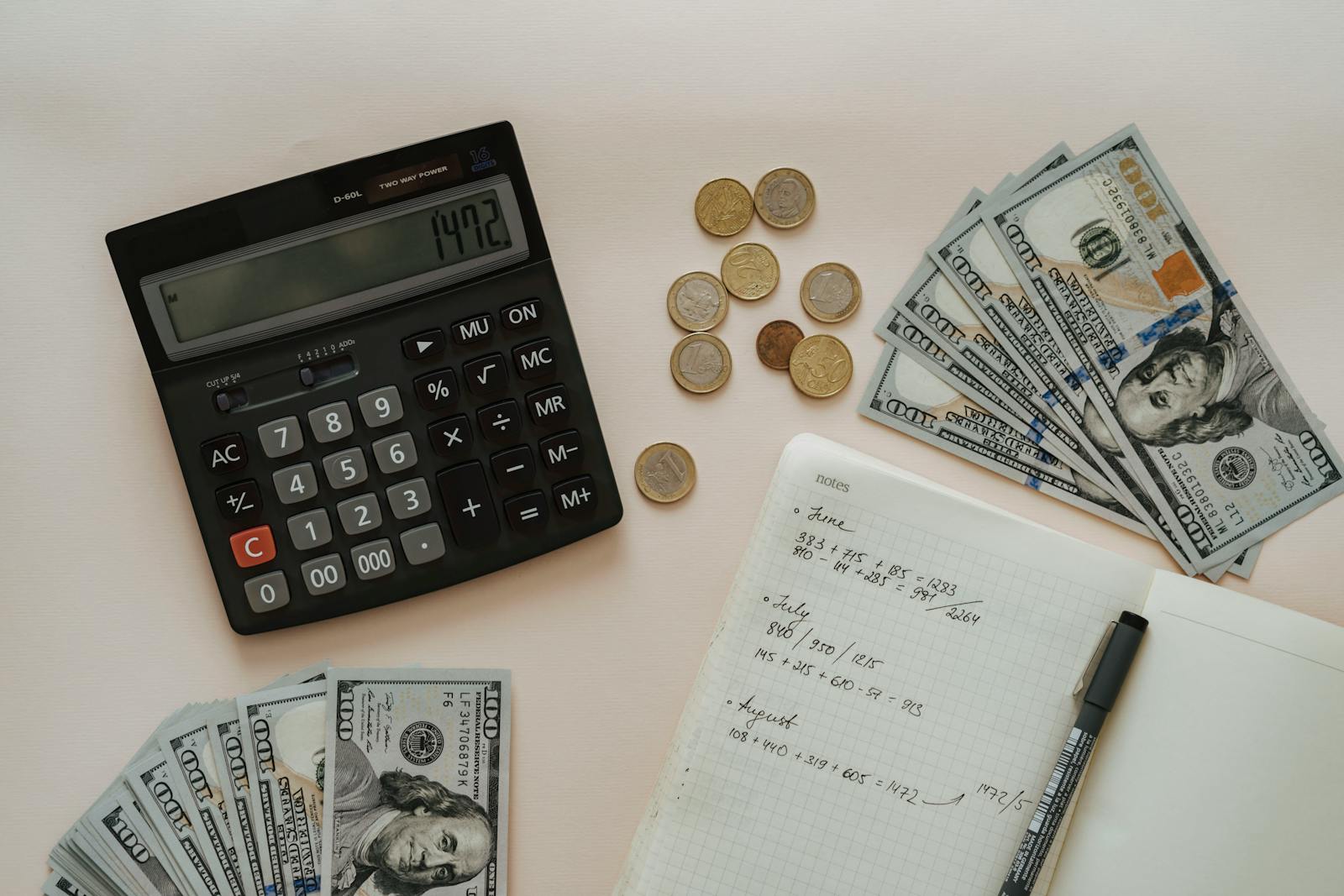 health savings Flat lay of calculator, cash, coins, and handwritten notes for budget planning.